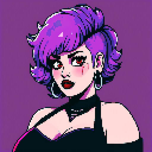 Plus size curvy, cute, busty greaser goth girl, with purple hair, black eyeshadow, red lipstick. Large breasts, large chest, voluptuous wearing halter top and studded collar. Posing for sexy photo. whole head portrait, avatar photo. vibrant sRGB colors, pixel art, edgy aesthetic
