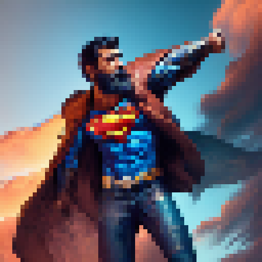 Brown leather-clad, bearded and tattooed Superman soars through vibrant comic-style skies, his expanded portraiture a stark contrast to the foreboding, skeletal pigeoncore backdrop of Group Zero's take on the superhero, all rendered in realistic shades of blue.