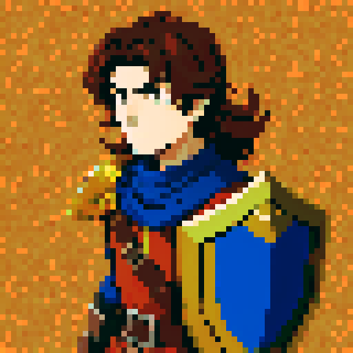 Fire Emblem mercenary, brown hair male with helmet, vibrant, colorful, pixel art, sRGB, medieval armor, sword, shield, battle-ready, heroic pose, detailed background, retro gaming vibes