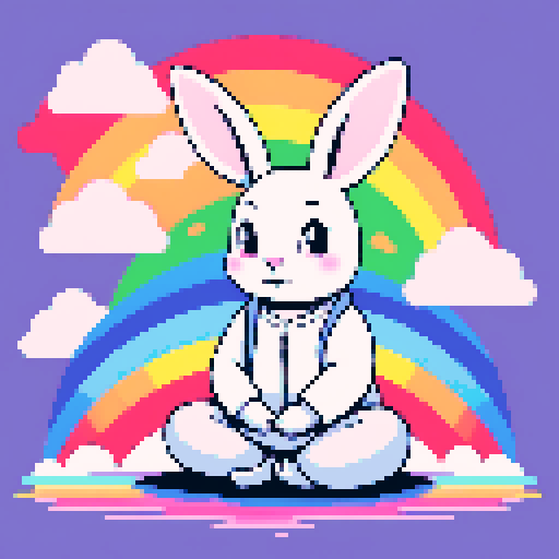 A white rabbit meditating on a rainbow background.