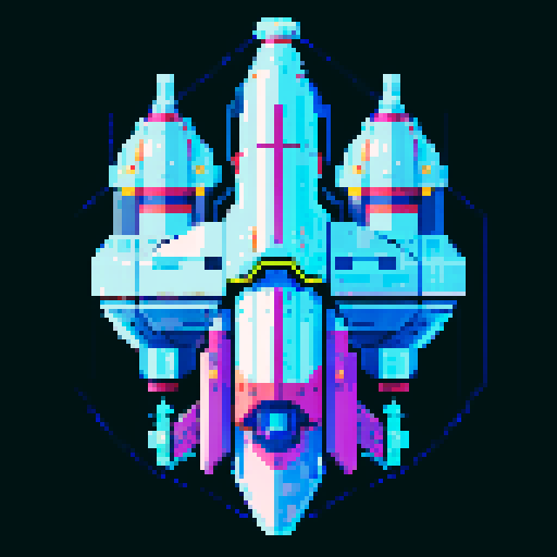 2d Spaceship in empty space, metallic exterior, retro aesthetic, pixelated details,blinking lights, wireframe outlines, geometric shapes, low-resolution textures, pixel art style, sRGB color space
View from above

Retro Futurism Palette: Inspired by the 80s sci-fi and video games, this palette could include neon pinks, bright blues, electric purples, and lime greens. This palette is perfect for a spaceship with a vibrant, energetic look that stands out against the darkness of space.