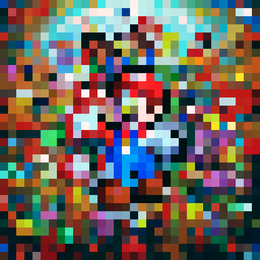 "Pixelated Murakami characters and Mario emerge from the screen in a skillful and vibrant game icon style, with close-up portraits showcasing their unique and quirky personalities."