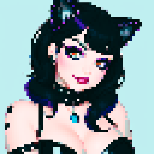 curvy, cute goth cat girl face, black hair, purple eyeshadow, red lipstick, studded leather, face portrait, glamour shot, vibrant sRGB colors, pixel art