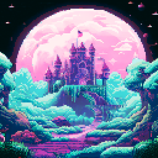 glowing crescent moon in the black sky, surrounded by glowing stars, floating above a grassy field