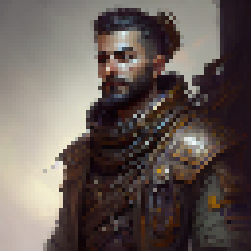 "Create a 4k portrait of a rugged, bearded warrior with piercing eyes, donning a horned helmet, intricate chainmail, and wielding a glowing, enchanted sword in a fantastical RPG world - all rendered in a pixel-perfect, highly-detailed concept art style."