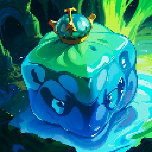Blue Slime cube, Gelatinous cube, wearing crown, giant Slime, boss fight