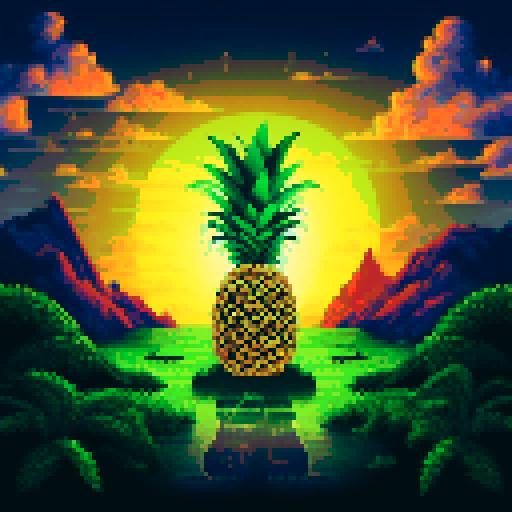 Giant Pineapple with intricate golden patterns growing halfway in the ground, no shadows in an isometric view, against a black background. Set at night, no background. Limited to 6 colours only. 
