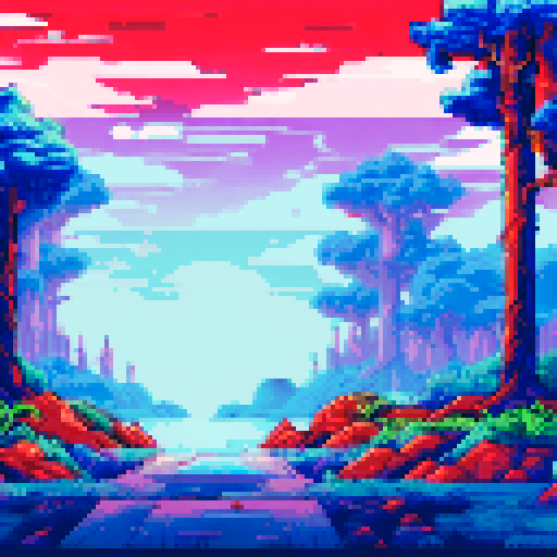 Forest ablaze with lightning bolts illuminating the night sky, casting shadows of towering trees on the pixelated landscape