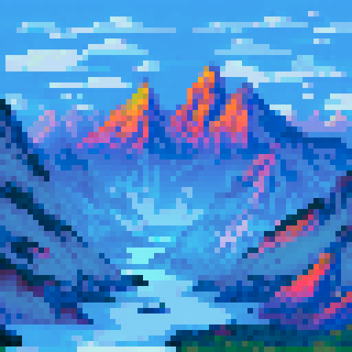 A towering mountain range, its jagged peaks piercing the clouds, set against a fiery sunset with a shimmering lake reflecting the warm hues, all in a pixel art style with a sRGB color palette
