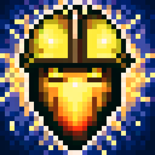 Metallic knight helmet with golden details, surrounded by fiery orange and yellow flames, in a close-up portrait style perfect for a skillful 32x32 pixel art game icon in sRGB color
