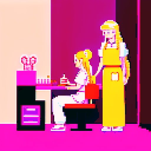 A nail tech with long blonde hair wearing a pink apron and a girl with brown hair sitting and facing each other in a nail salon. Nail polish bottles and UV lamps