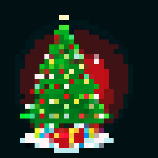 Christmas tree with vibrant green branches, colorful ornaments, and a shining star topper, surrounded by snow-covered ground and adorned with festive red and gold ribbons, twinkling fairy lights, pixelated presents underneath, a 32x32 video game badge, all outlined in bold black and brought to life with a pixel art style using the sRGB color palette