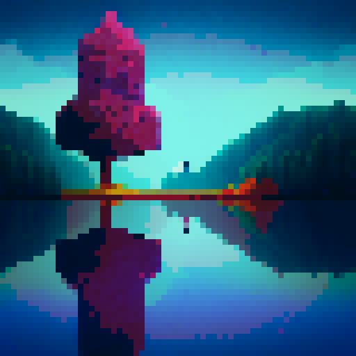 a vibrant, whimsical landscape with towering, pixelated trees, a shimmering, pixelated lake reflecting a starry night sky, and a pixelated character exploring the enchanting scene