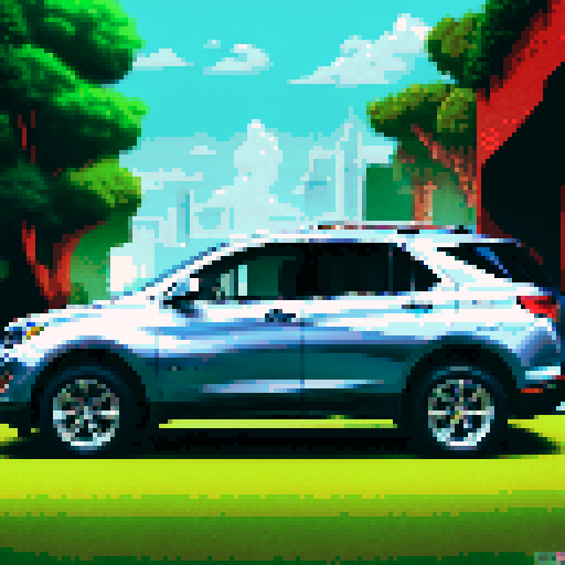 Photorealistic, centered Chevrolet Equinox in a three quarter view, right wheel in front, clean background, pixel art style with sRGB colors
