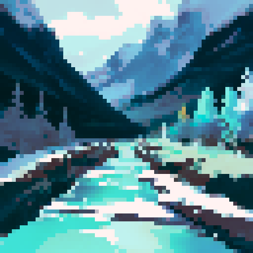 billowing northern lights reflected in a frozen river between high mountains over icy tundra and pines neon blue and pink with dark colors too