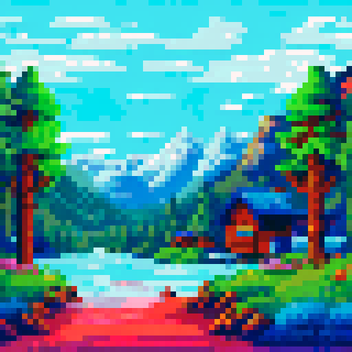 Snow-capped peaks towering over pine forests and frozen lakes, with a cozy cabin nestled in the valley, all rendered in a vibrant, pixelated art style on an sRGB background
