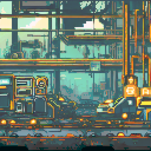 Run-down, apocalyptic atmosphere with dilapidated machinery and sparks flying in a pixel art, sRGB, background landscape of a Futuristic robot factory Towering metal structures and cracked concrete floors create an eerie ambiance, illuminated by flickering neon lights Rusty conveyor belts and broken windows reveal shattered glass, while discarded robot parts lie among overgrown vines Eerie shadows dance across abandoned control panels, with parallax effects adding depth to the scene