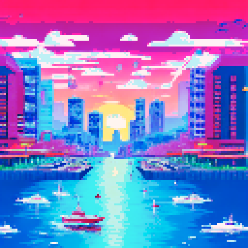 Monaco's glittering harbor nestled amidst towering skyscrapers, a sleek red Ferrari zooming past the roaring crowd, the sun-drenched coastline glittering in the background, all captured in vibrant pixelated glory