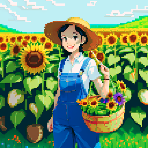 happy, female male farmer in pixel art style, black hair, surrounded by vibrant green fields, wearing worn-out denim overalls and a straw hat, holding a basket full of freshly harvested carrots and a bouquet of sunflowers, with a content smile on his face, standing next to a rustic wooden cart filled with colorful fruits and vegetables