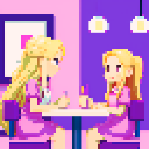 Nail tech with long blonde hair wearing a pink apron and a girl with brown hair wearing a purple dress sitting down facing each other at a table in a nail salon.