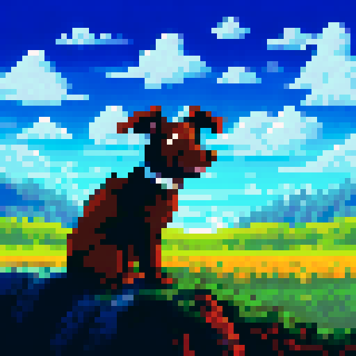 Brown, furry pup with floppy ears, tongue lolling out, chomping on a pile of steaming, putrid feces, amidst a vibrant, green meadow with rolling hills and a clear, blue sky in the background, all rendered in pixel art