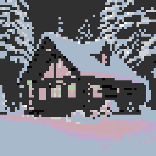 Cozy cabin nestled among towering pine trees, snow gently falling, warm glow emanating from the windows