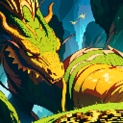 dragon with shimmering scales, hoard of gold coins glimmering in the background, dragon leisurely lounging on top of a massive pile of gold coins, dragon's majestic form taking up the full canvas with intricate pixel art details in a vibrant sRGB color palette, dragon is gold colored