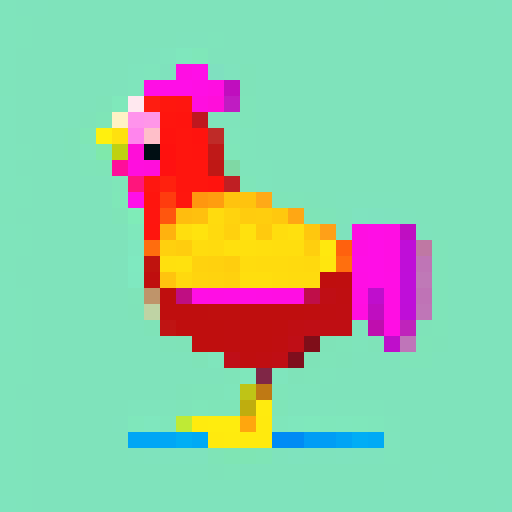 side view of vibrant, feathered pixel art chicken with a proud stance, vivid colors, intricate detailing, retro video game aesthetics