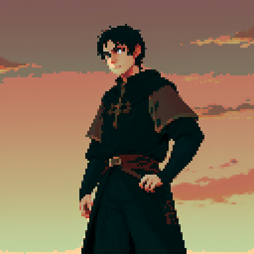 Young man knight, short black hair, rugged medieval traveling clothes, sad face, red eyes, a frown. Medieval city background. Anime style. Fantasy rpg.