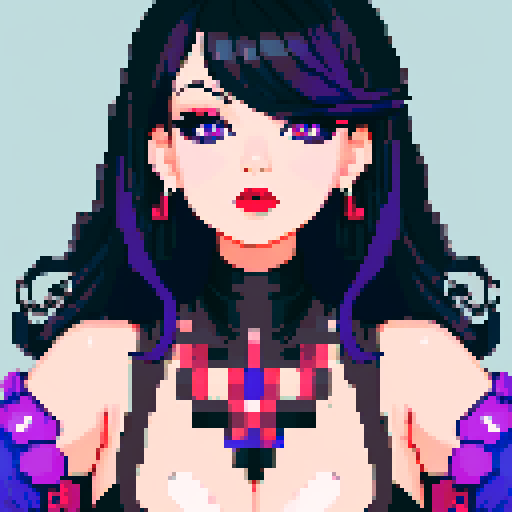 curvy, cute goth girl face, black hair, purple eyeshadow, red lipstick, face portrait, glamour shot, vibrant sRGB colors, pixel art