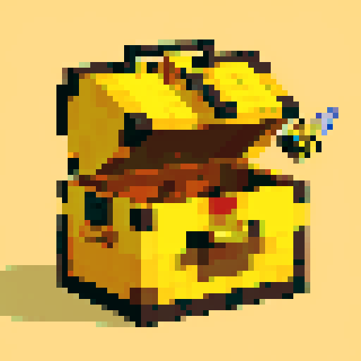Craft a pixel art treasure chest, front-facing with a bee motif. Use a golden-yellow and black palette, honeycomb texture, and no side views. Include bee elements like wings or antennae. Keep it simple and iconic.