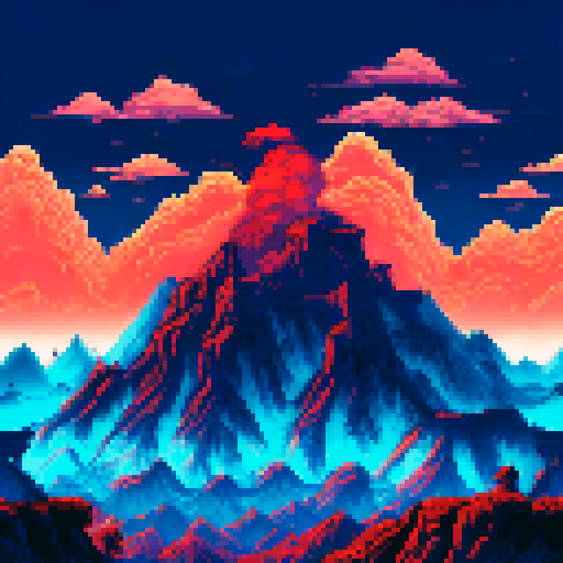 Mt Doom's fiery peak surrounded by craggy rocks and ash-covered ground, with a dark, ominous sky looming in the background, depicted in a stunning sRGB pixel art landscape