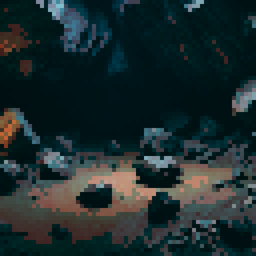 Create a realistic cave interior with jagged walls and a dusty floor covered in scattered rocks of various sizes. Include a warm light source on the left, softly illuminating part of the cave while casting shadows that contrast with the darker, mysterious areas. The atmosphere should feel secluded and slightly eerie, with earthy tones and detailed textures on the rocks and walls to enhance the natural, rugged appearance.