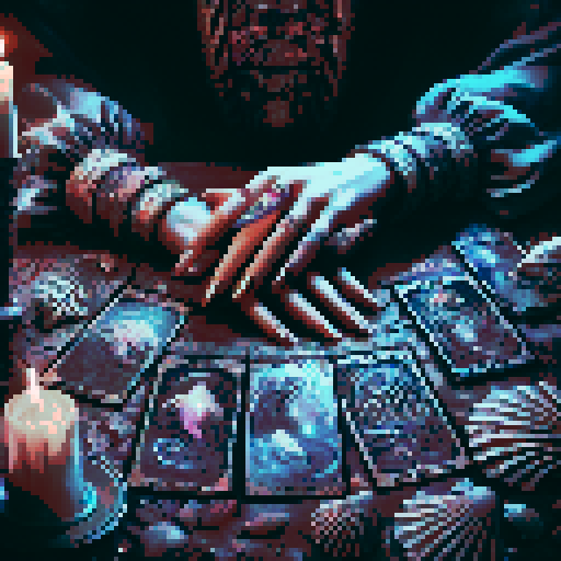 A close-up of a woman's hands over a table during a tarot card reading in a medieval dark style. The table is adorned with elements of the ocean such as sea shells, sand, and small pieces of coral. The atmosphere is mystical and dimly lit, with candlelight casting shadows that enhance the eerie and magical mood. The woman's hands are gracefully poised over the cards, which also have oceanic designs like waves and mermaids.