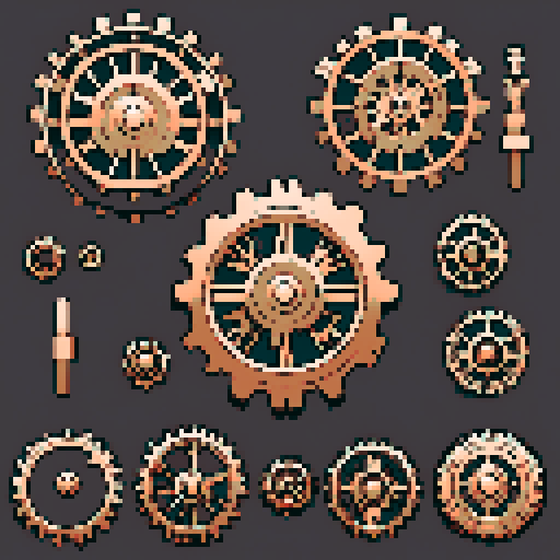 I want a copper gear that looks like it was made by a master clockmaker. It should have strange mechanical details that could interlock with each other. I also want this object usable an asset in a videogame, meaning only one object per image, outlined with a strong black stroke, on a solid-color background.
