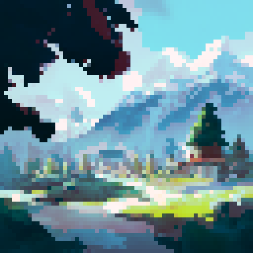 Snow-capped peaks loom behind a sleek, futuristic science lab nestled in the rugged alpine terrain, with icy streams winding through the breathtaking landscape.