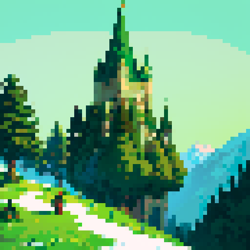 Knight sleeping, tree with lush green leaves, castle with towering spires, snow-capped hills, vibrant pixelated art style, sRGB background
