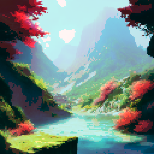 Craggy waterfalls cascade into crystal-clear lakes amidst lush vegetation in a stunning landscape portrait of an ancient city at the bottom of a rocky precipice.