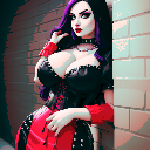 curvy, busty goth woman, black hair, purple eyeshadow, red lipstick, studded leather collar, wearing corset, beauty photo, vibrant sRGB colors, pixel art brick wall