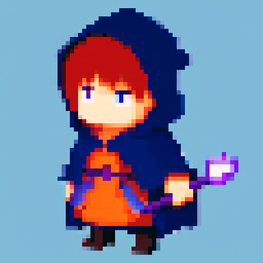 wizard in cloak and hood, staff with precious stone tip, pixel art, sRGB
