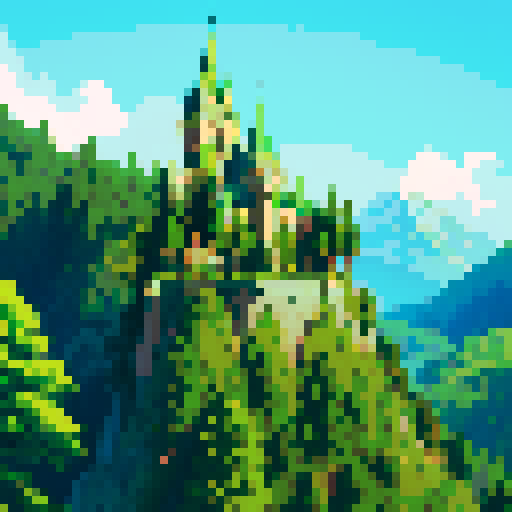 Knight sleeping, tree with lush green leaves, castle with towering spires, snow-capped hills, vibrant pixelated art style, sRGB background