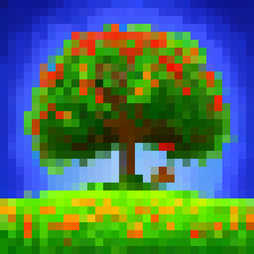 Explosive wildflowers bloom in a vivid meadow, surrounded by towering trees and cascading waterfalls, all rendered in a 32x32 skill art style.