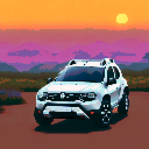 Photorealistic whole Renault Duster centered, three-quarter view, right front wheel, clean background, sRGB colors, pixel art style