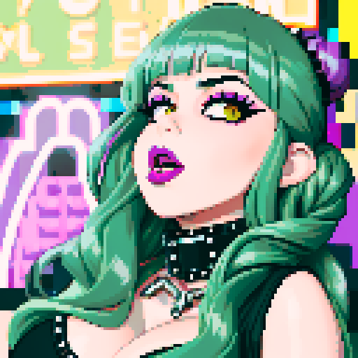 thicc, curvy, seductive busty goth babe with studded collar, long purple hair in buns, fishnet stockings, orgasmic aroused nude big titty goth in a nude sexy pose, neon signage, pixel art, sRGB