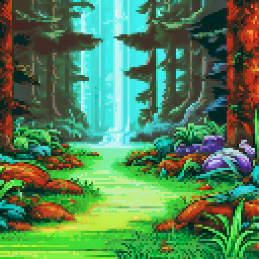 Towering evergreens and a cascading waterfall in the background, a lone fox darts through the vibrant underbrush in a pixelated forest landscape