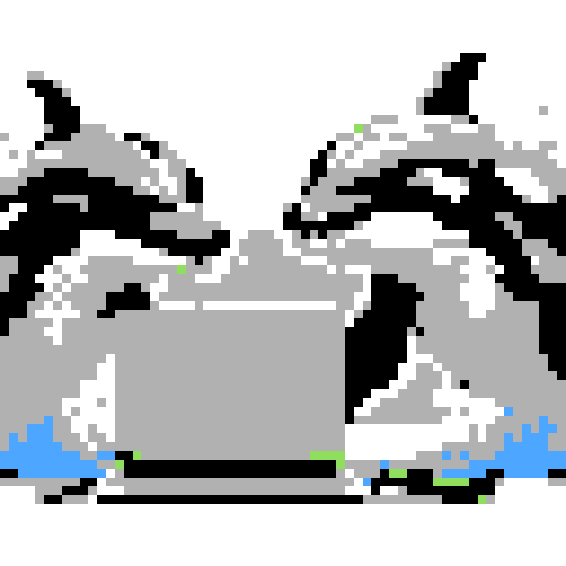 killer whales typing on a laptop, glitchy pixel art, vibrant sRGB colors