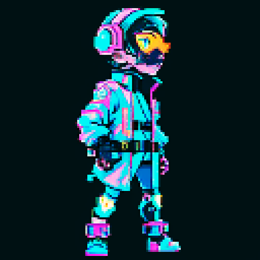 cyberpunk space trader sprite, pixel art, futuristic design, cybernetic arm with intricate detailing, glowing yellow-orange visor over the eyes, trench coat with glowing lines, blue and teal color palette with neon pink and yellow accents, distinct sci-fi aesthetic, confident posture, mid-step left first, left left bent and raised, arms extended, pixel art, sRGB