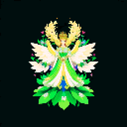 A regal, majestic creature with a crown of flowers, large wings, and a gown made of petals. It has a commanding presence and glowing eyes, radiating an aura of elegance and authority. No background.
