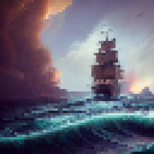 Weathered, wooden, and adorned with intricate carvings, the Dutch East Indies ship navigates through choppy, turquoise waves as its crew hoists the sails, their traditional clothing billowing in the salty breeze, against a backdrop of a fiery sunset.