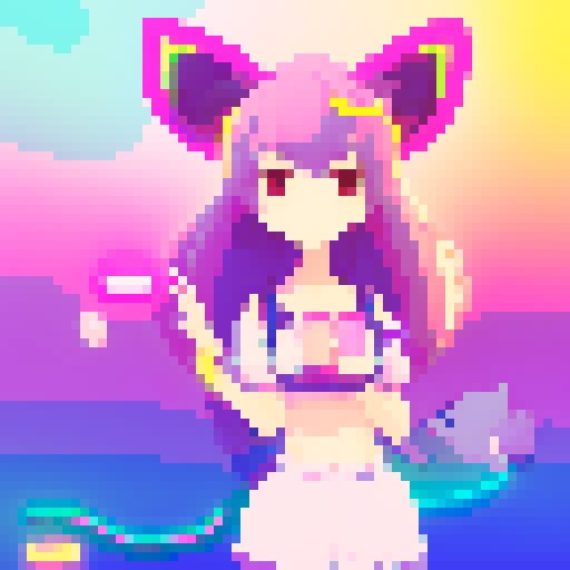 Pixelated anime girl with fluffy cat ears, surrounded by neon lights and vibrant colors, striking a playful pose with a mischievous glint in her eyes